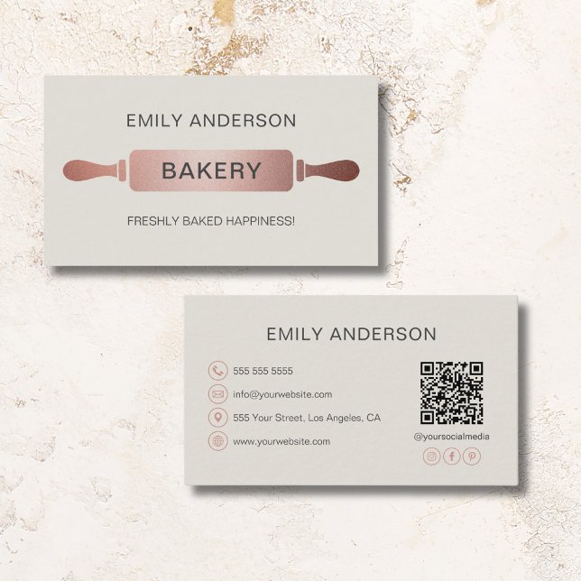 Rose Gold Rolling Pin Bakery QR Code Business Card (Rose Gold Rolling Pin Bakery QR Code Business Card)