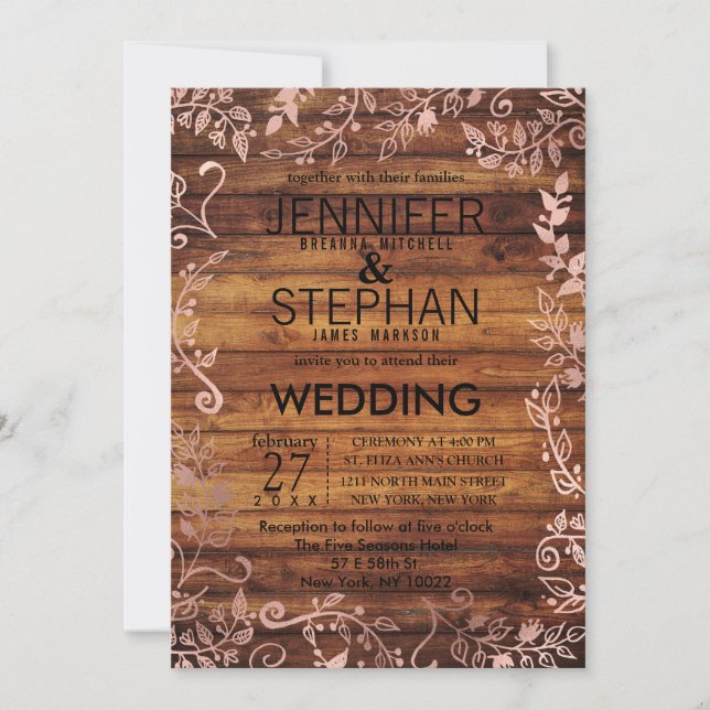 Rose Gold Rustic Country Wood Floral Wedding Invitation (Front)