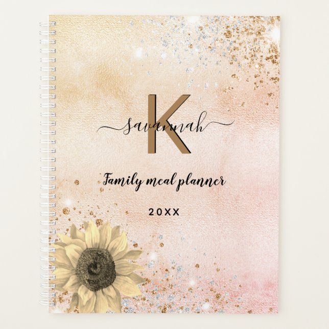 Rose gold rustic sunflower family meal planner (Front)