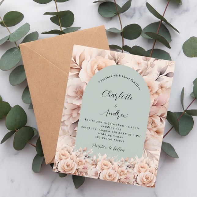 Rose gold sage green arch wedding invitation (Creator Uploaded)
