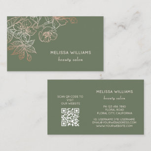 Rose Gold Sage Green Line Art Floral QR Code Business Card