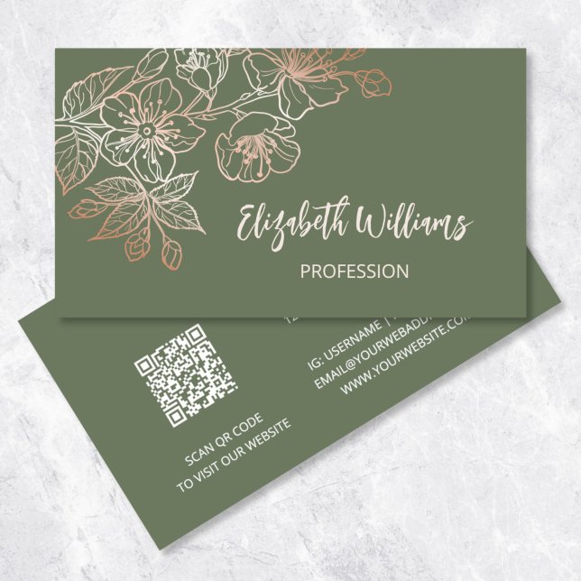 Rose Gold Sage Green Line Art Floral  | QR Code Business Card (Creator Uploaded)