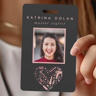 Rose Gold Salon Heart Photo Hair Stylist ID Badge