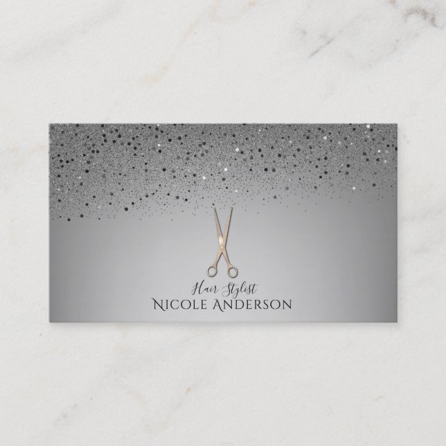 Rose Gold Salon Stylist Scissors Grey Glitter Business Card (Front)