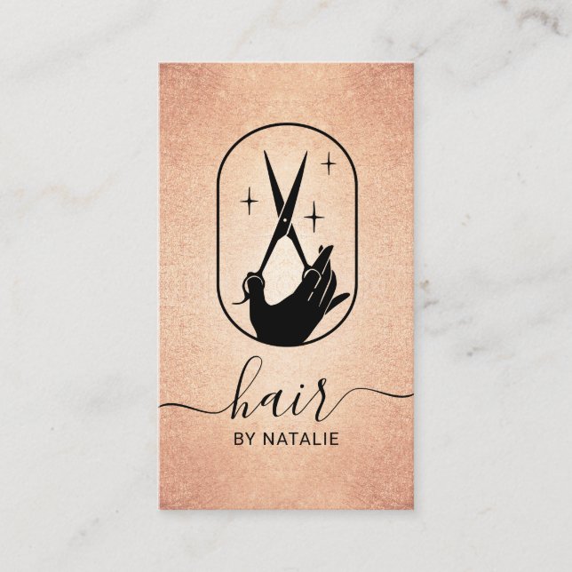 Rose Gold Scissor & Hand Logo Hair Stylist Salon Business Card (Front)