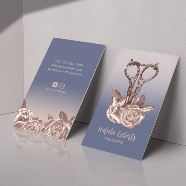 Rose Gold Scissor Purple Hair Stylist Salon Business Card (Creator Uploaded)