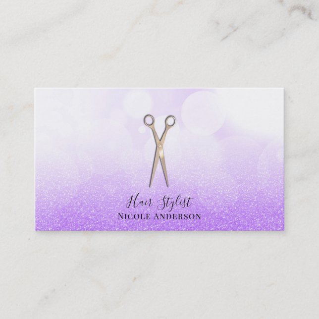 Rose Gold Scissors Purple Glitter Hair Stylist Business Card (Front)