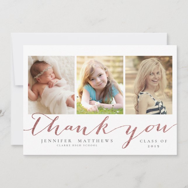 Rose Gold Script 3 Photo Graduation Thank You Card (Front)