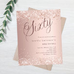 Rose gold script 60th birthday budget invitation<br><div class="desc">A modern,  stylish invitation for a 60th birthday party. Decorated with confetti. Rose gold gradient background and the word Sixty written with elegant large script letters in dark rose gold. Personalise and add a name and party details. 

1 sheet = 1 invitation printed edge to edge.</div>