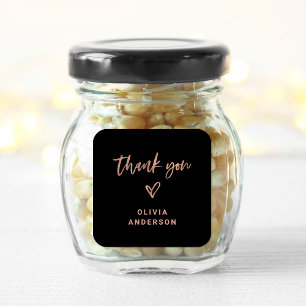 Rose Gold Script and Heart on Black   Thank You Square Sticker