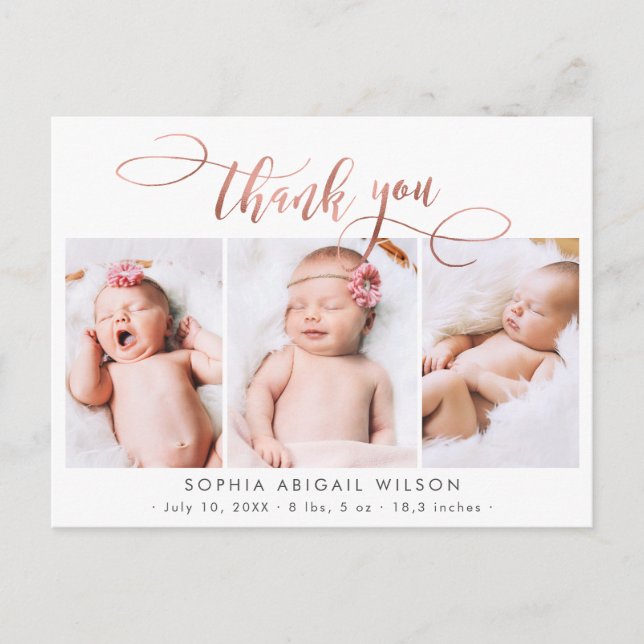 Rose Gold Script Baby Girl Photo Collage Thank You Postcard (Front)