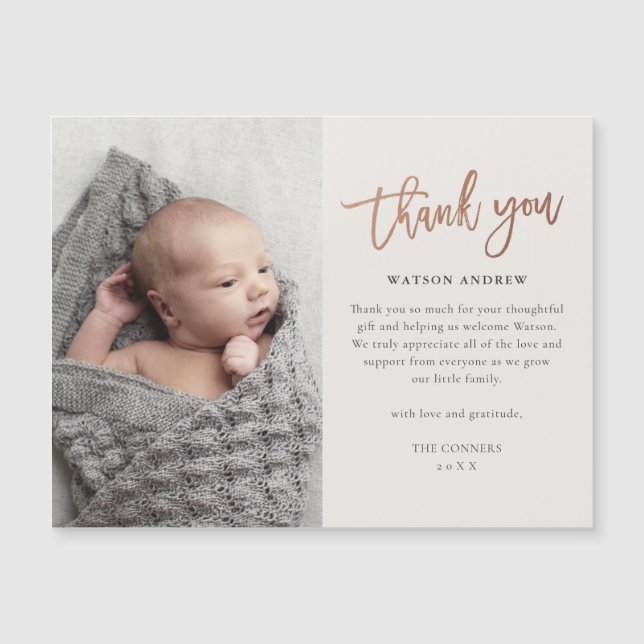 Rose Gold Script Baby Thank You Magnetic Card (Front)