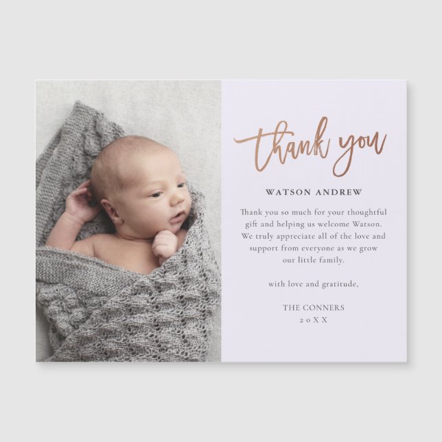 Rose Gold Script Baby Thank You Magnetic Card (Front)