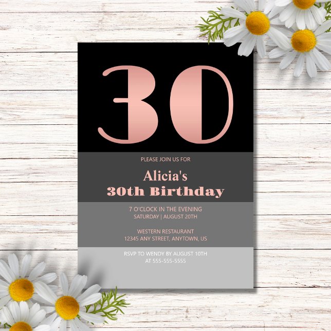 Rose Gold Script Black Grey Stripes 30th Birthday Invitation (Creator Uploaded)