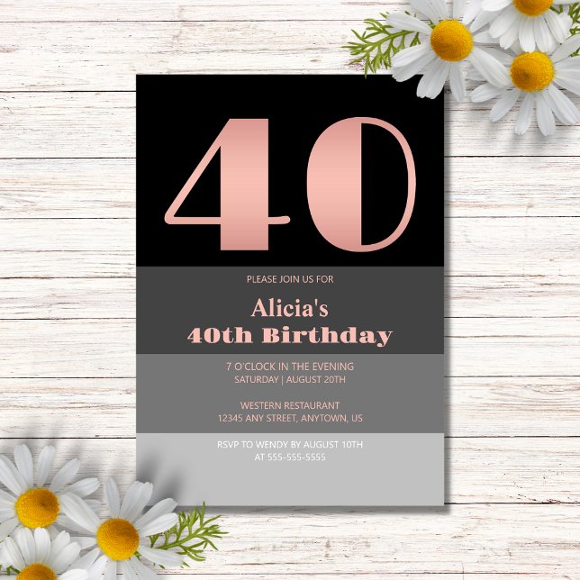 Rose Gold Script Black Grey Stripes 40th Birthday Invitation (Creator Uploaded)