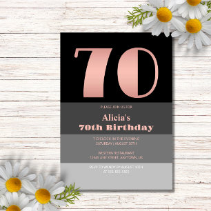Rose Gold Script Black Grey Stripes 70th Birthday Invitation