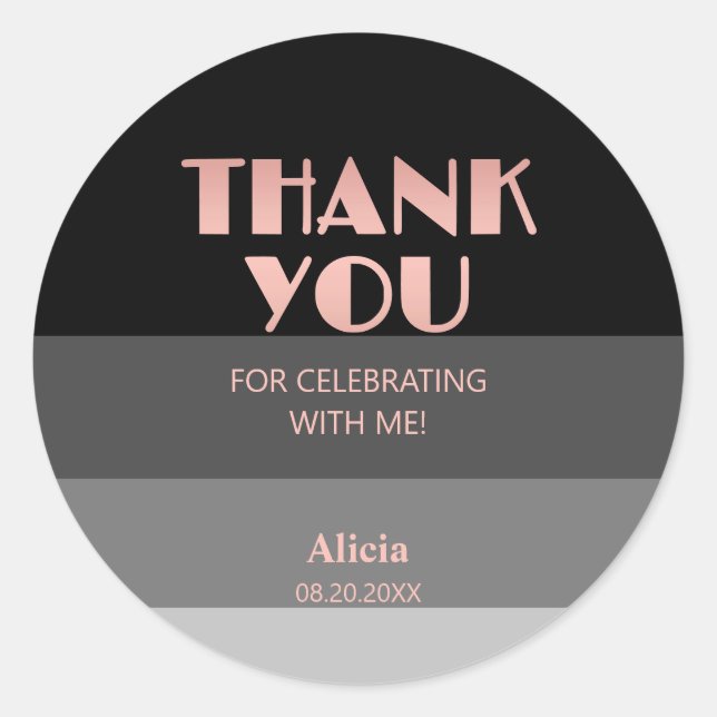 Rose Gold Script Black Grey Stripes Birthday Classic Round Sticker (Front)