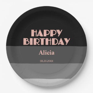 Rose Gold Script Black Grey Stripes Birthday Paper Plate