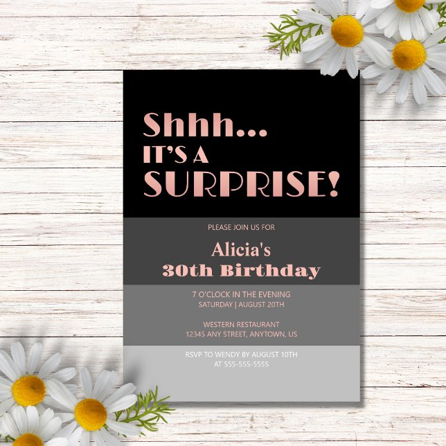 Rose Gold Script Black Stripes Surprise Birthday Invitation (Creator Uploaded)