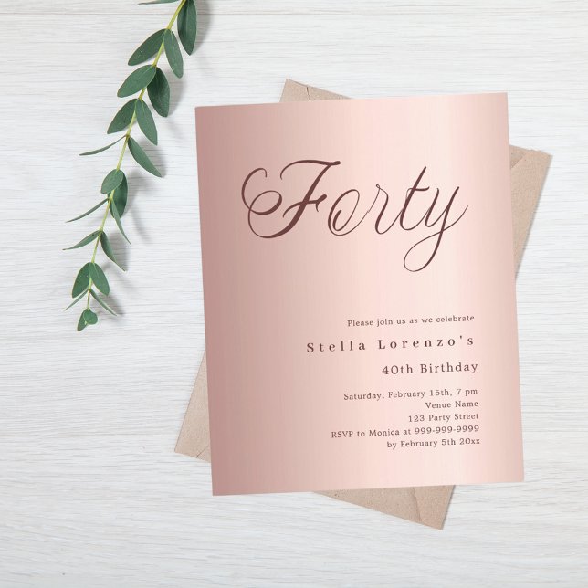 Rose gold script budget 40th birthday invitation (Creator Uploaded)