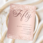 Rose gold script budget 50th birthday invitation<br><div class="desc">A modern,  stylish invitation for a 50th birthday party. Decorated with confetti. Rose gold gradient background and the word Fifty written with elegant large script letters in dark rose gold. Personalise and add a name and party details. 

1 sheet = 1 invitation printed edge to edge.</div>