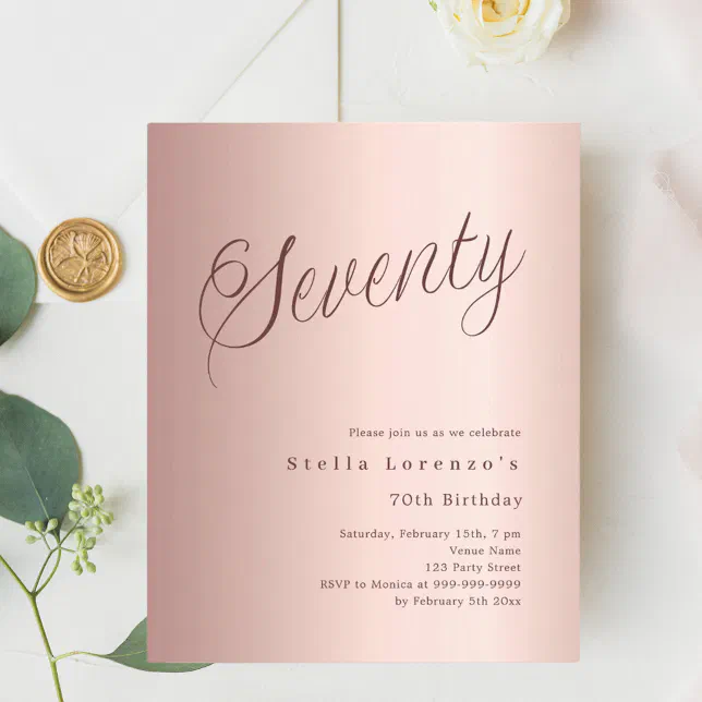 Rose gold script budget 70th birthday invitation | Zazzle