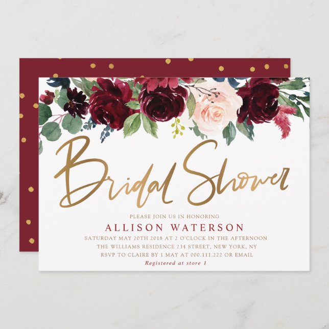 Rose gold script burgundy bridal shower invitation (Front/Back)