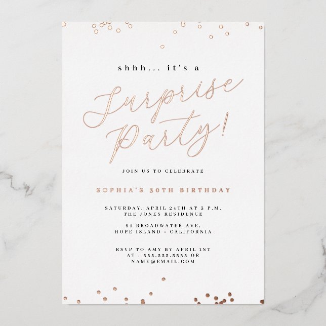 Rose Gold Script Confetti Surprise Party (Front)