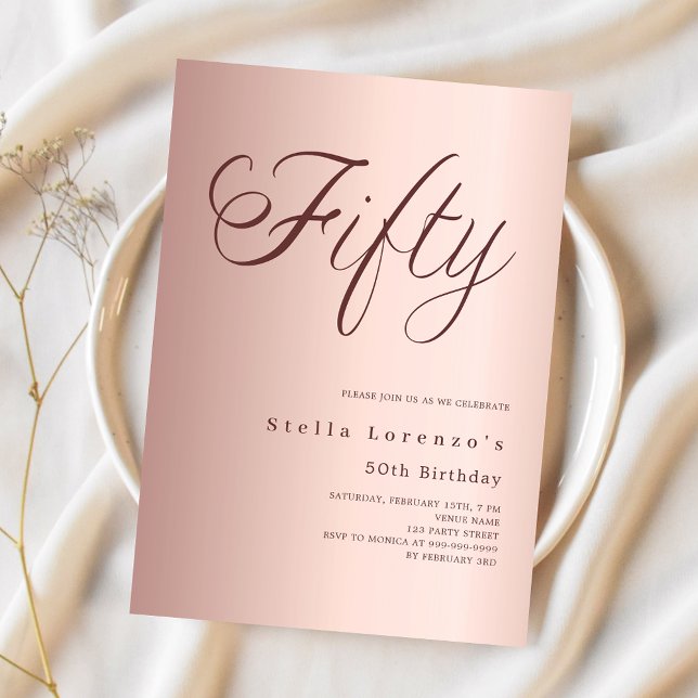 Rose gold script elegant 50th birthday invitation (Creator Uploaded)