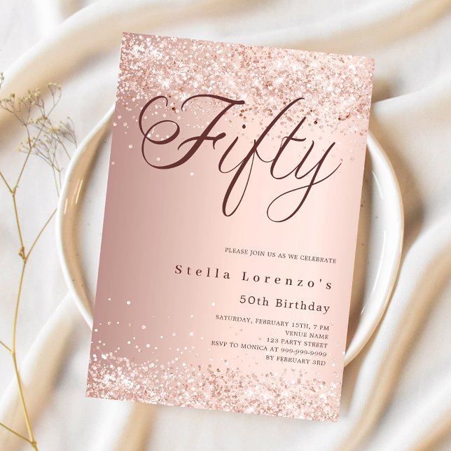 Rose gold script elegant confetti 50th birthday invitation (Creator Uploaded)