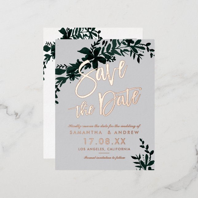 Rose gold script Floral green grey save the date Foil Invitation Postcard (Front/Back)