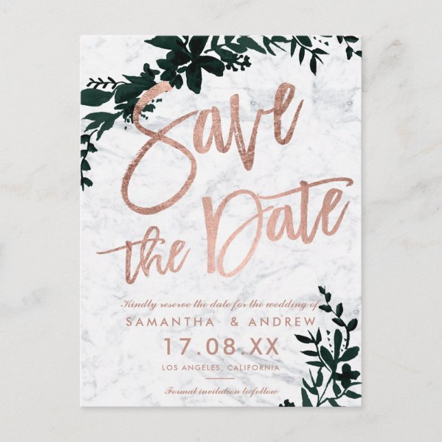 Rose gold script Floral green marble save the date Announcement Postcard (Front)