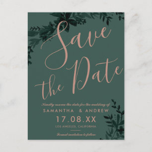 Rose gold script Floral green save the date Announcement Postcard