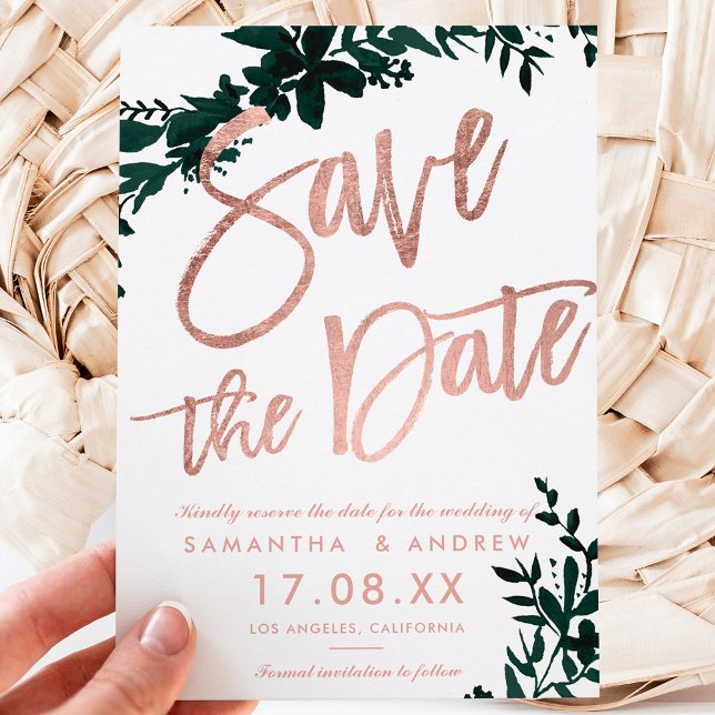 Rose gold script Floral green white save the date Announcement Postcard (Creator Uploaded)