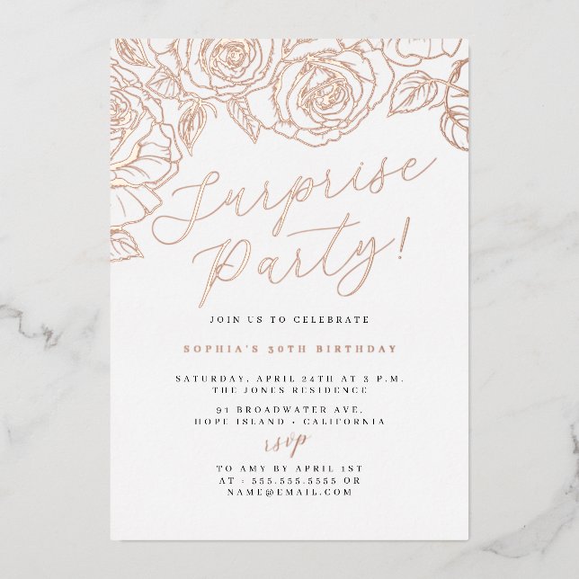 Rose Gold Script Floral Surprise Party (Front)