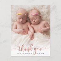 Rose Gold Script Girl Twins Baby Photo Thank You