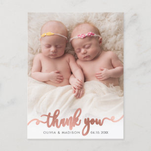 Rose Gold Script Girl Twins Baby Photo Thank You Postcard