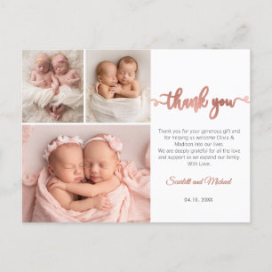 Rose Gold Script Girl Twins Baby Photo Thank You Postcard