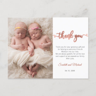 Rose Gold Script Girl Twins Baby Photo Thank You  Postcard