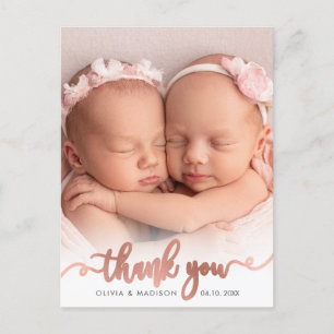 Rose Gold Script Girl Twins Baby Photo Thank You Postcard