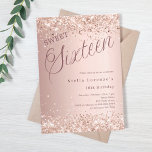 Rose gold script glitter Sweet 16 Invitation<br><div class="desc">A modern Sweet 16 invitation. Rose gold gradient background and the word Sixteen written with large letters. Decorated with faux glitter,  sparkles. Personalise and add a name and party details.</div>