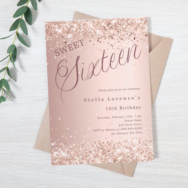 Rose gold script glitter Sweet 16 Invitation (Creator Uploaded)