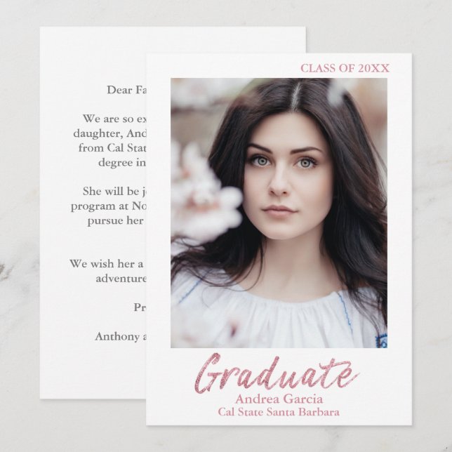 Rose Gold Script Graduation Photo Announcement (Front/Back)