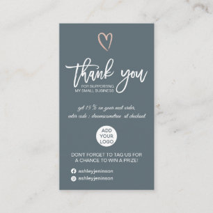Rose gold script heart blue logo order thank you business card
