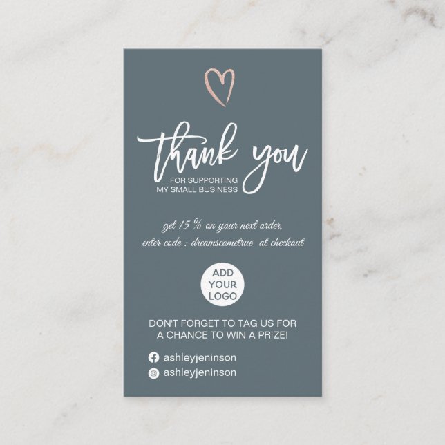 Rose gold script heart blue logo order thank you business card (Front)