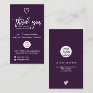 Rose gold script heart purple logo order thank you business card