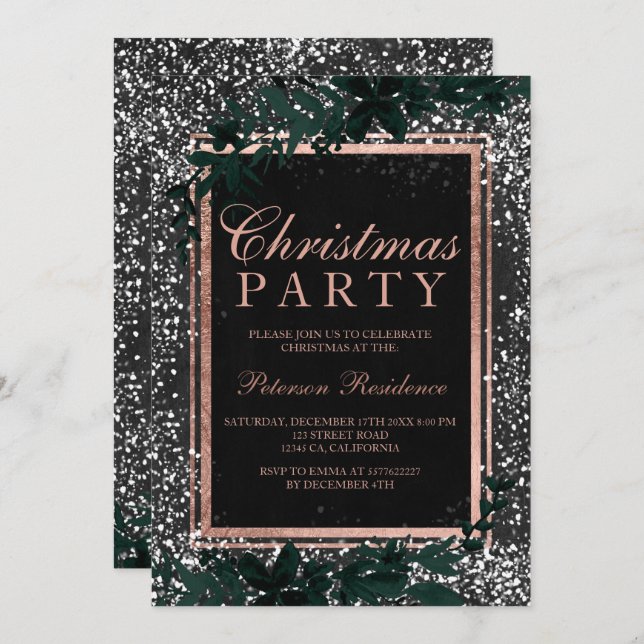 Rose gold script leaf snow chalkboard Christmas Invitation (Front/Back)