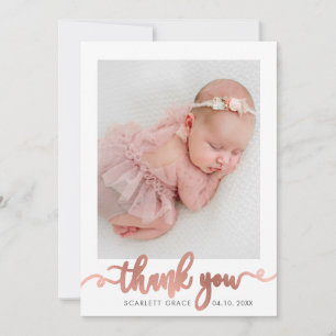 Rose Gold Script Minimalist Baby Photo Thank You Card