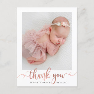 Rose Gold Script Minimalist Baby Photo Thank You Postcard