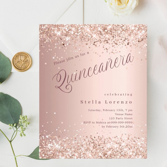Rose gold script modern Quinceanera invitation (Creator Uploaded)